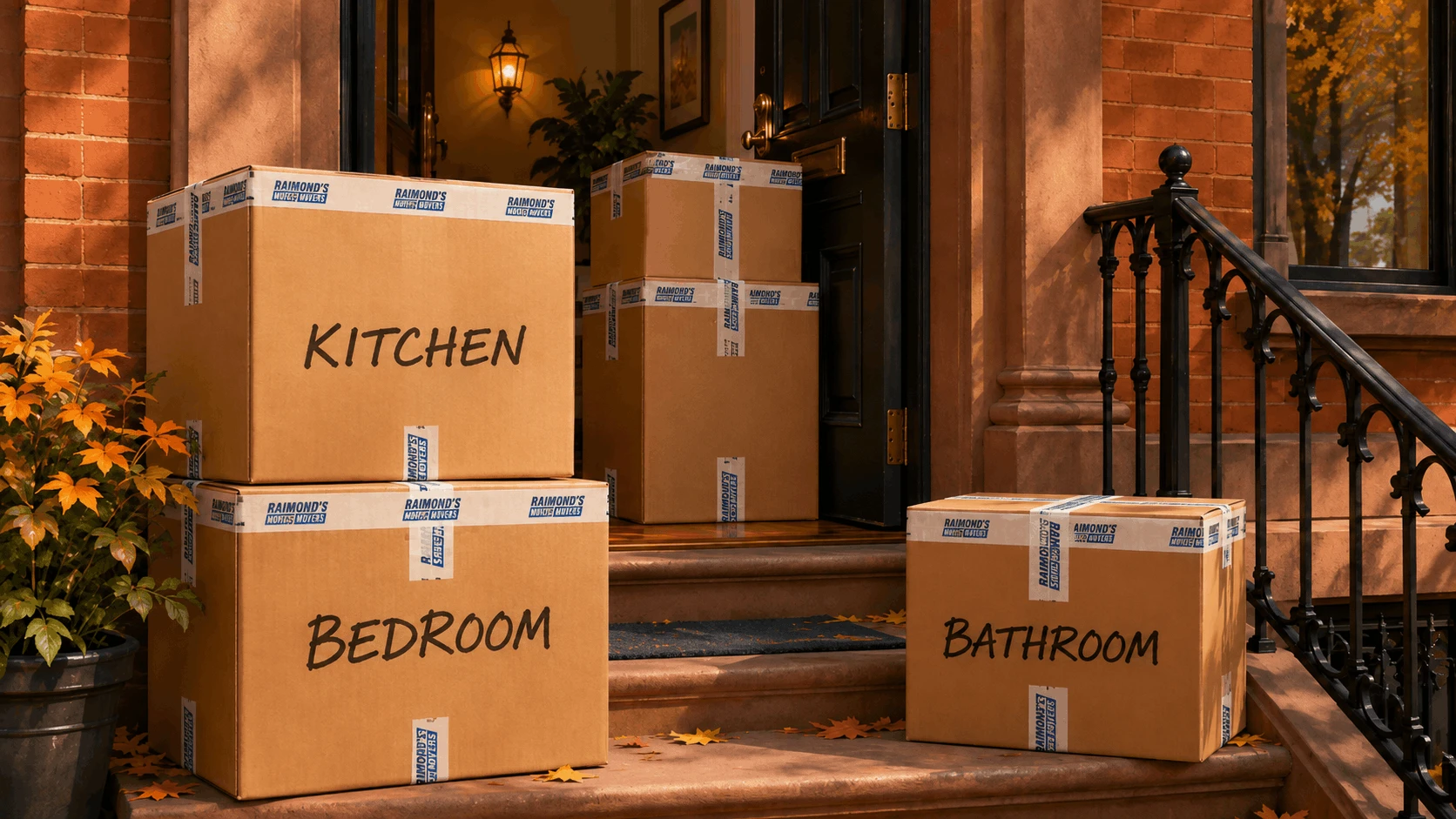 Moving boxes labeled by room, including Kitchen, Bedroom, and Bathroom, stacked on the steps of a Boston brownstone in autumn