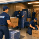 Raimond's Movers crew organizing labeled boxes (Kitchen, Living Room, Bedroom) and wrapped furniture inside a storage unit